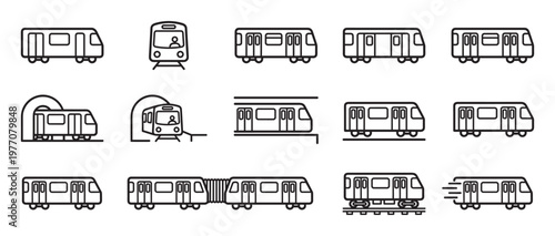 Collection of various metro train line art icons in a clean, minimalist style, depicting different perspectives and movements