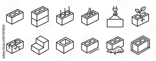 Collection of various concrete block icons illustrating construction, growth, damage, and building processes in a clean line art style