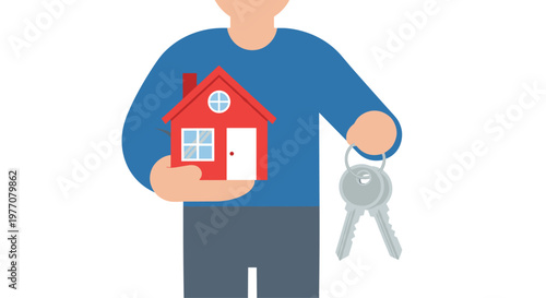 A person in a blue sweater holds a small red house with a white door and a set of silver metal keys against a clean and simple white studio background