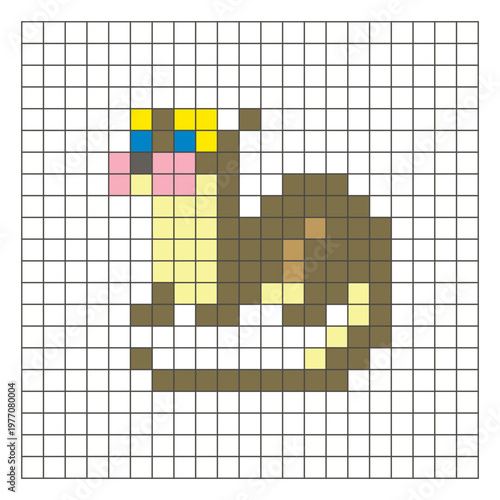 A flat pixel design made of geometric square color blocks on a clean grid layout. Pixel art otter