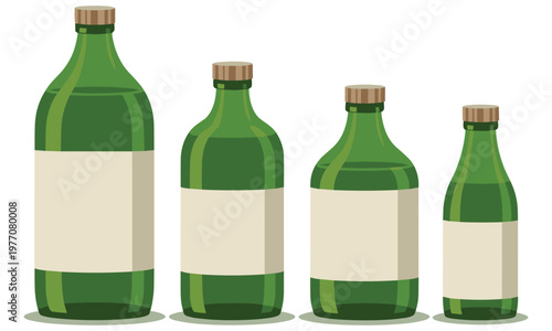 Set of four green glass bottles with cork stoppers and blank labels in a flat vector style for beverage product packaging and graphic design