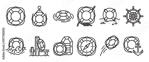 Collection of nautical themed line art icons featuring lifebuoys, a ship's wheel, and a compass, presented in a clean, minimalist style