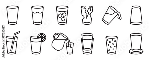 Various simple outline icons depict different glass types and states, including full, empty, broken, pouring, and with ice