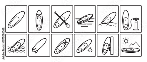 Collection of twelve black outline icons depicting various paddleboard activities and equipment in a clean, minimalist style