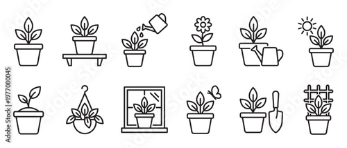 Collection of simple black outline icons depicting various potted plants and gardening activities, presented in a clean, modern style