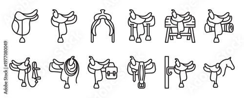 Collection of twelve distinct horse saddle outline icons, showcasing various styles and accessories in a clean, minimalist design