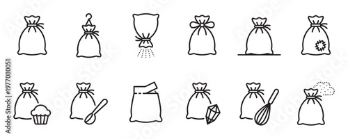 Collection of simple line art icons depicting various tied sacks, some with contents like a cupcake, spoon, whisk, or diamond, on a clean white surface