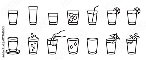 Various black outline drink glasses and cups icon set, featuring different beverages, ice, straws, and garnishes in a clean, graphic style
