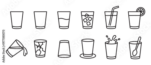 Collection of various glass icons depicting different states of drinks and containers in a simple line art style