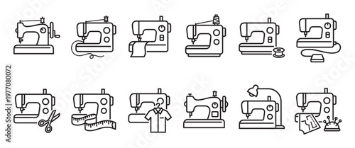 Collection of black outline sewing machine icons with various tailoring tools and accessories, presented in a clean, modern style