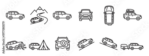 Collection of black outline SUV car icons depicting various outdoor adventure scenarios and vehicle perspectives