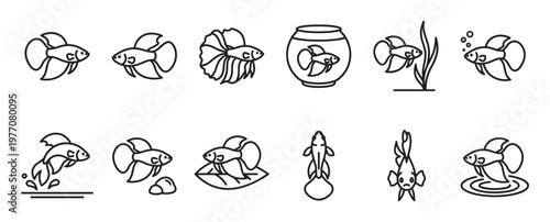 Collection of various betta fish line art icons in different poses and settings, presented in a minimalist style