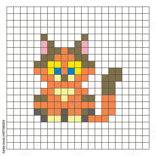 A flat pixel design made of geometric square color blocks on a clean grid layout. Pixel art cat