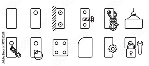 Comprehensive set of black outline icons representing various door hanger and tag designs, including attachments and functions