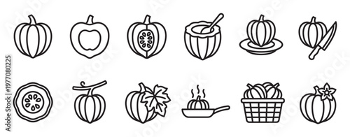 Collection of various pumpkin and squash outline icons depicting whole, sliced, cooked, and served gourds