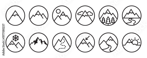 Collection of twelve distinct mountain landscape icons, each enclosed in a circle, depicting various weather and natural elements in a minimalist line art style