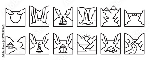 Collection of twelve simple line art icons depicting various fjord landscapes and elements, presented in a clean, minimalist style