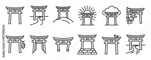 Collection of twelve simple black outline Japanese Torii gate icons in various styles, presented clearly