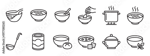 Collection of various soup and broth related line icons, including bowls, ladles, pots, and ingredients, presented in a clean, minimalist style