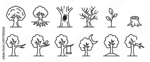 Collection of various tree icons in a simple black outline style, depicting different stages and elements of nature