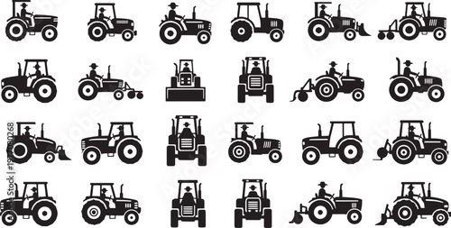 A comprehensive collection of diverse agricultural tractor silhouettes, showcasing various models and perspectives essential for farming and heavy-duty field work across different terrains