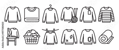 Collection of simple line art icons depicting various sweaters and related activities like knitting, laundry, and mending