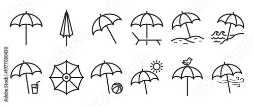 Collection of various simple black outline beach umbrella icons, depicting different states and scenarios in a clean, minimalist style