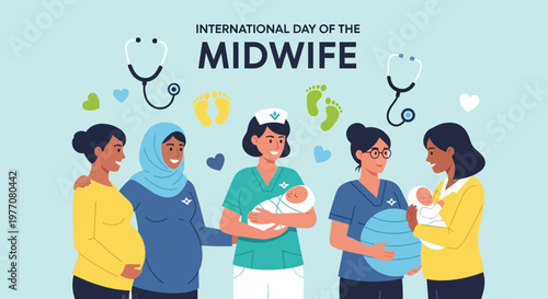 International Day of the Midwife celebration with diverse group of midwives and babies.