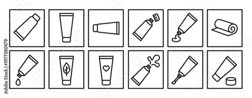 Collection of twelve simple line art icons depicting various cosmetic and hygiene tubes, with some showing product dispensing and a rolled towel