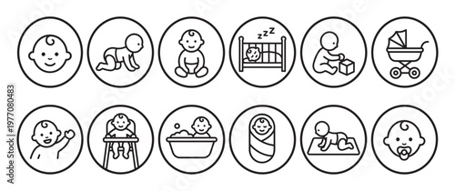 Comprehensive collection of twelve black outline baby icons depicting various stages and activities of infancy, presented in a clean, modern style