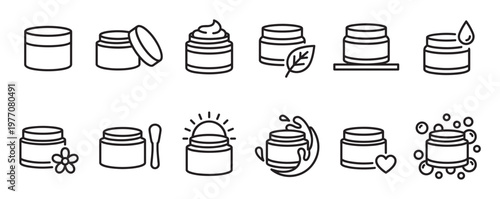 Collection of cosmetic cream jars and skincare product line icons, featuring various elements like leaves, flowers, and water splashes