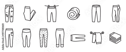 Various outline icons depicting different types of pants and clothing items, showcasing diverse styles and states of wear