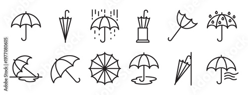 Comprehensive collection of twelve distinct umbrella line icons, depicting various weather conditions and states with clean, minimalist design