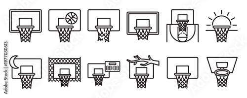 Collection of various basketball hoop outline icons, illustrating different styles and elements in a simple, graphic design