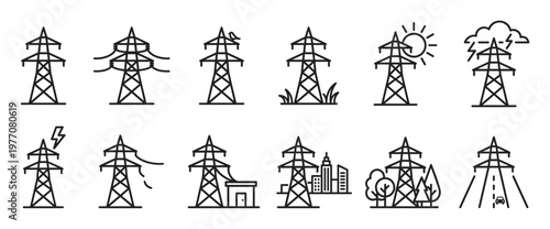 Collection of twelve black outline power line tower icons depicting various energy scenarios and environments