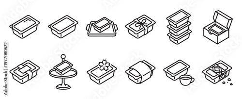 Collection of various rectangular food containers and packaging designs in a clean, isometric line art style