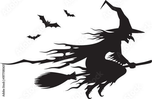 Spooky silhouette of a classic Halloween witch flying on her broomstick, accompanied by bats, capturing the essence of magical mischief and festive dread