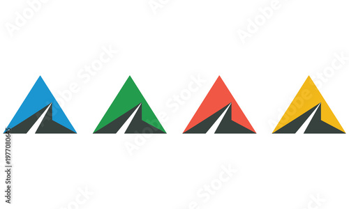 Four abstract mountain range logos in vibrant colors like blue green red and yellow with a stylized road path for travel and tourism branding