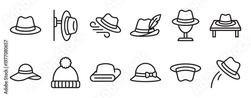 Collection of various hat icons in a simple black outline style, depicting different types of headwear and actions