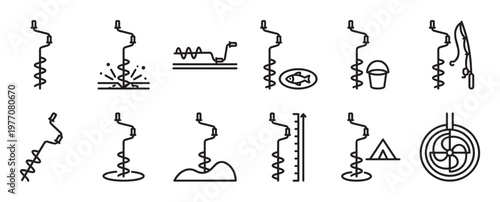 Collection of simple black line icons illustrating various ice augers and related winter fishing activities