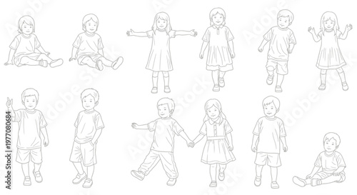 Children Poses Collection: Diverse Kids Standing, Sitting, Playing, and Waving - Line Art