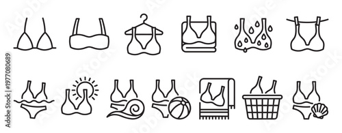 Various black outline bikini and swimsuit icons depict summer beachwear activities and accessories in a clean, minimalist style