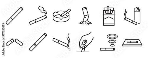 Collection of black outline icons depicting various smoking-related items and actions, including cigarettes, lighters, and ashtrays
