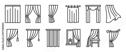 Various black outline curtain icons with different styles and arrangements are neatly displayed in a clean, minimalist vector illustration