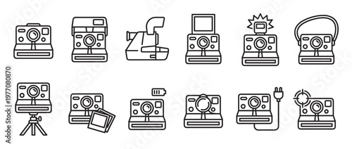 Collection of twelve instant camera line icons, depicting various features and accessories in a minimalist style