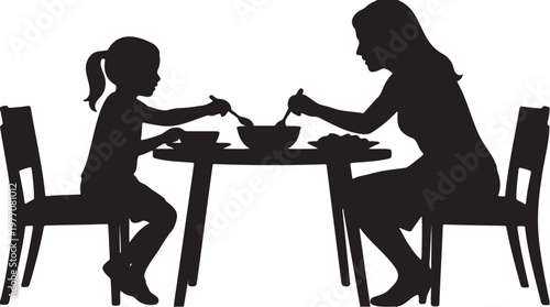 Mother and daughter eating dinner silhouette vector, family mealtime at kitchen table, parent and child having breakfast or lunch together, black and white profile of people dining at home