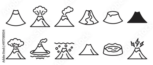 Collection of various volcano icons in a simple black outline style, depicting different stages of eruption and forms