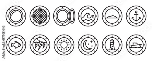 Collection of twelve simple black and white porthole icons, depicting various nautical and weather-related symbols in a clean line art style