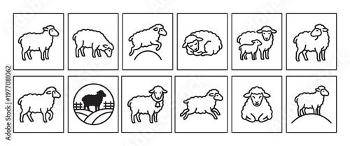 Collection of twelve simple black outline sheep icons in various poses, including standing, jumping, and resting, presented in a clean, minimalist style