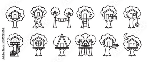 Collection of twelve distinct treehouse outline icons, featuring various designs and playful elements like ladders, swings, and bridges